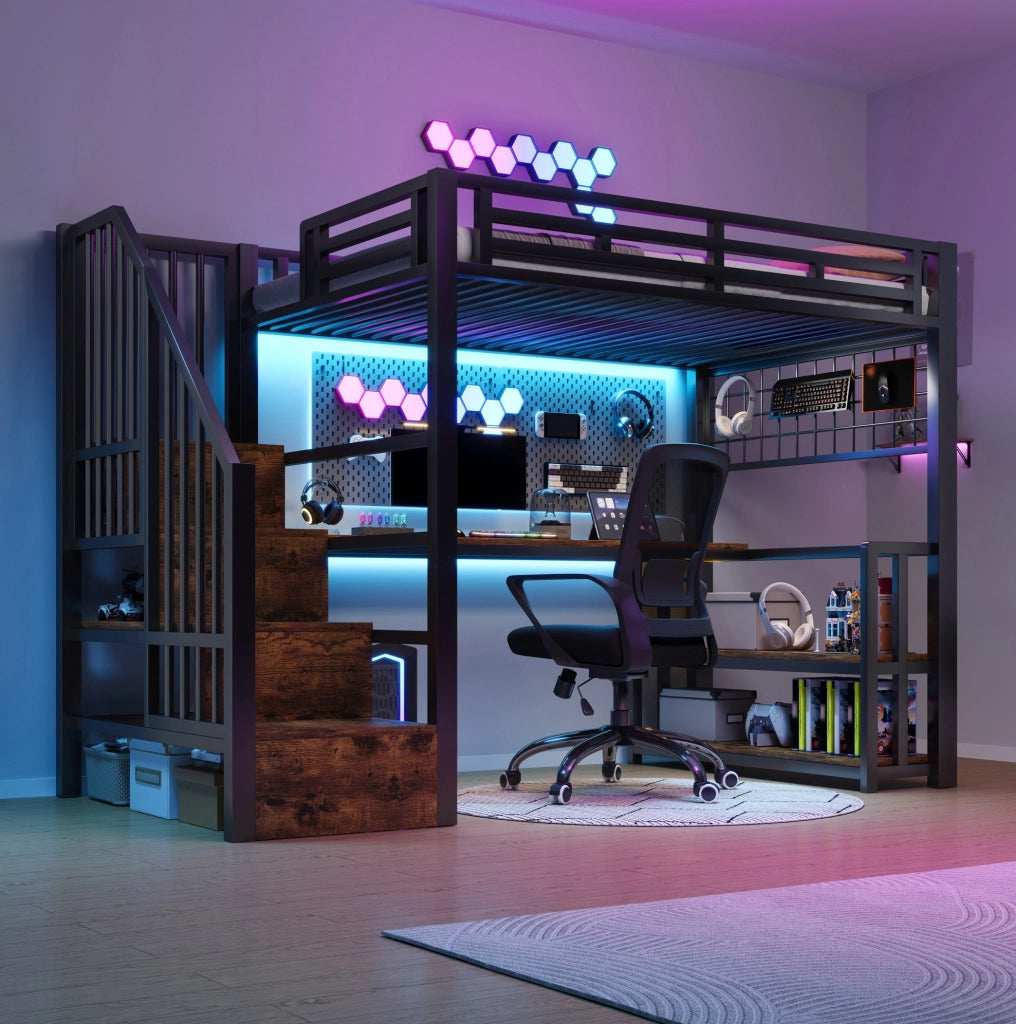 Letto a soppalco 90x200 cm con scrivania, LED e USB