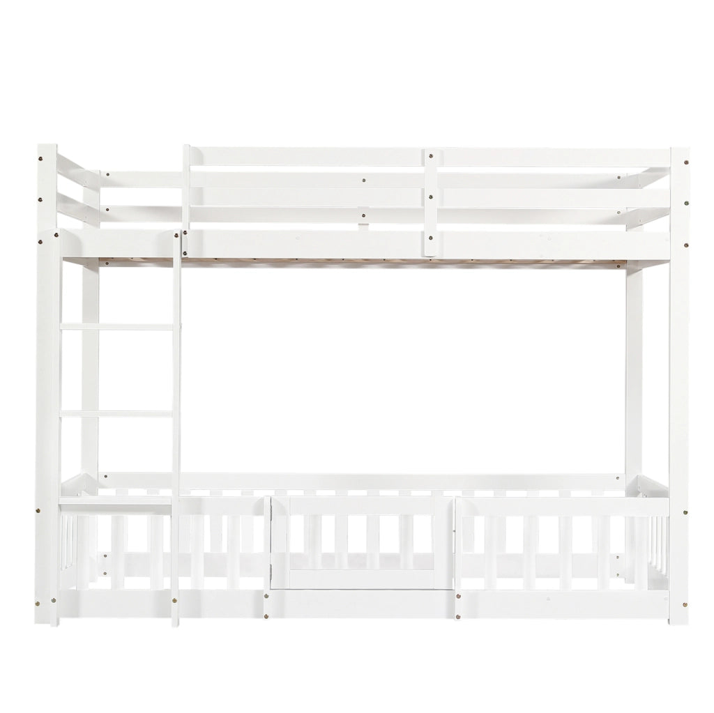 Letto a castello in pino 90x200 cm con scala ad angolo; sponde e porta; bianco