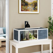 Casetta da giardino per tartarughe con due vani e area gioco centrale in legno di abete grigio 120 × 50 × 40 cm