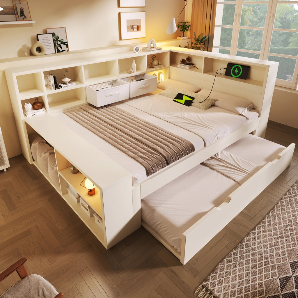 LETTO estraibile 140x200 cm legno bianco con 8 vani portaoggetti e porte USB