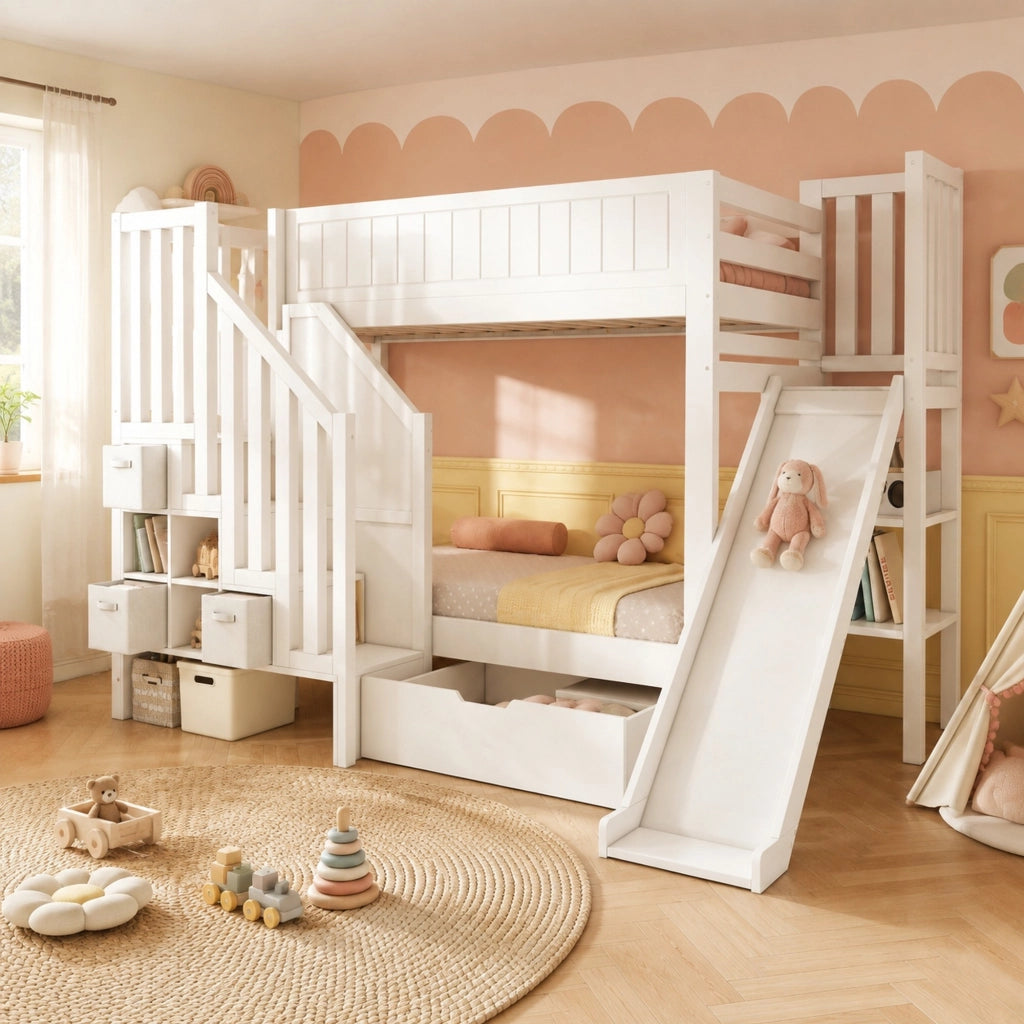 Letto a castello per bambini 90x200 cm con scivolo; scala contenitore e cassetti; bianco
