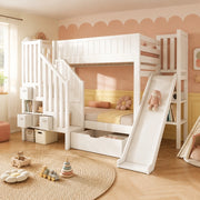 Letto a castello per bambini 90x200 cm con scivolo; scala contenitore e cassetti; bianco