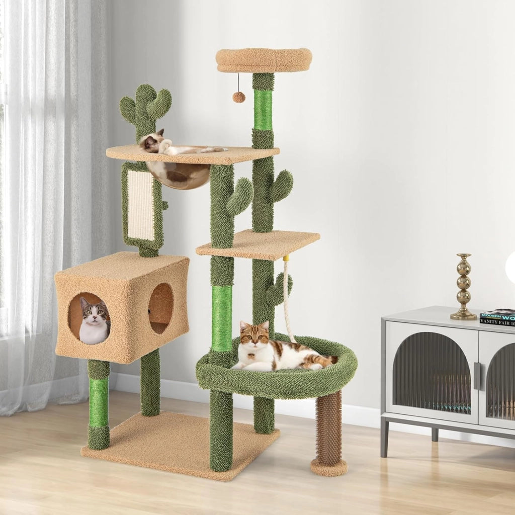 Tiragraffi per Gatti 150 cm, Torre di Gatti Multilivello con Pali per Graffio in Sisal e Giocattolo Pendente, Centro Attività per Gatti a Forma di Cactus da Interno