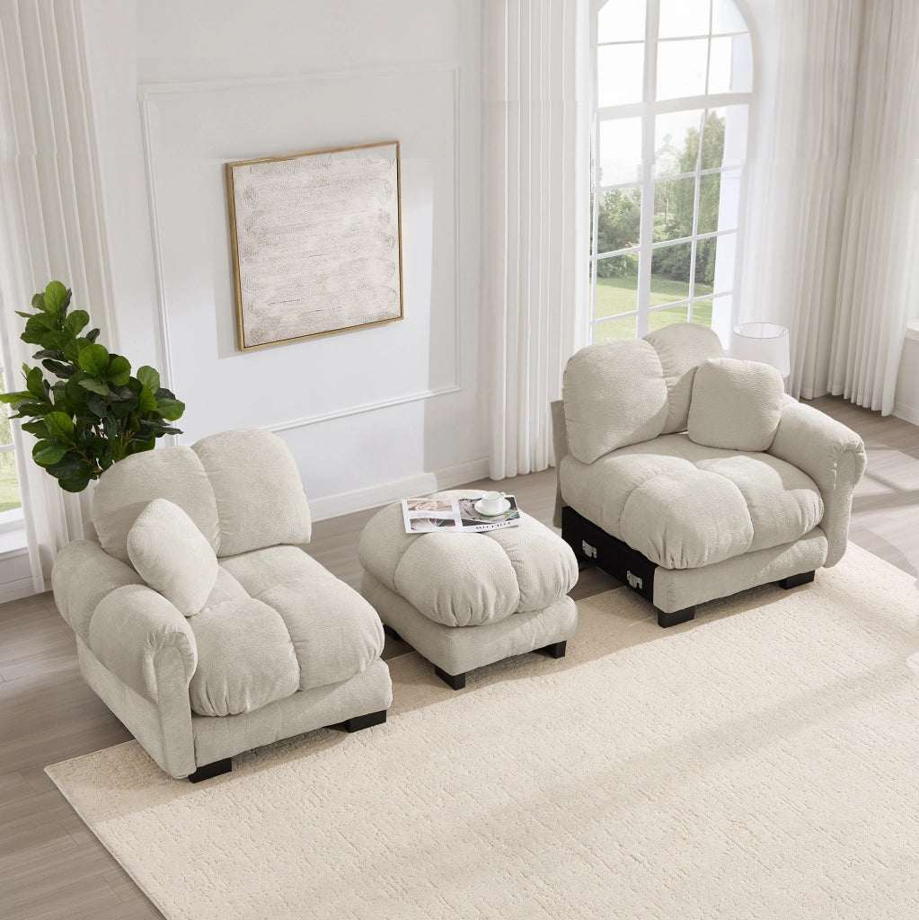 Divano angolare modulare 2 posti con pouf mobile 190x149x90 cm in chenille color kaki chiaro
