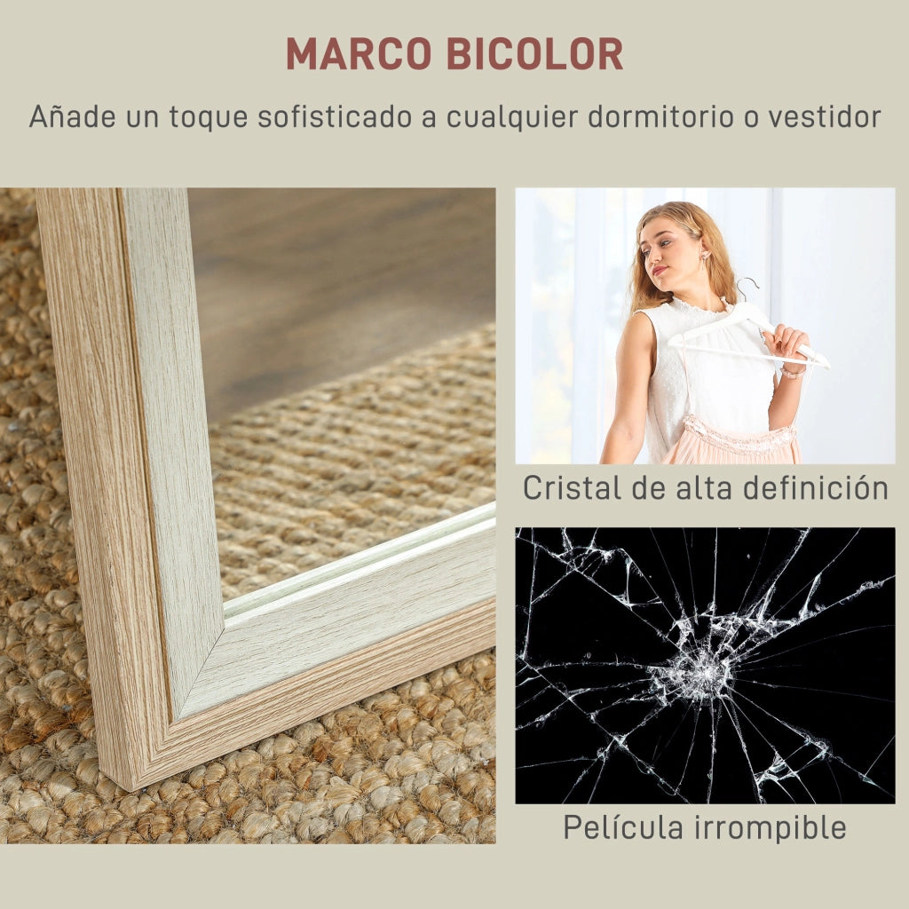 Specchio a Pieno Corpo 157x37 cm con Cornice in MDF e Supporto Bianco e Naturale ¨C zephmum ¨C Bianco/Naturale 157x37