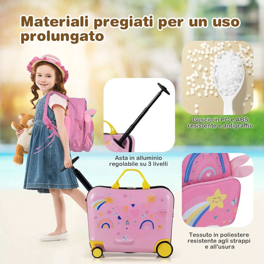 Valigia Cavalcabile per Bambini, 18" Valigia+ 12" Zaino,2 Pezzi, Trolley Bambini Bagaglio a Mano con Ruote Girevoli e Maniglia Retrattile, 2 Cingie Multiuso (Modello 10)