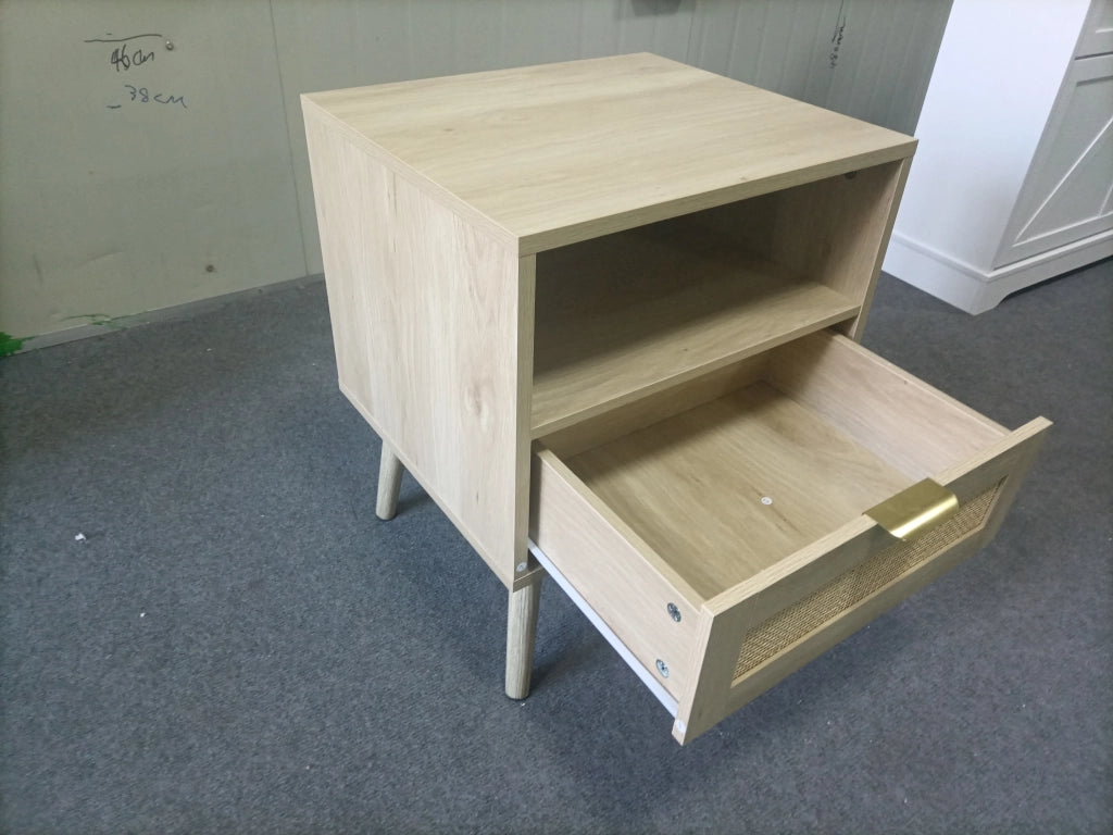 Comodino in rattan boho con cassetto e vano aperto 45x40x55 cm rovere