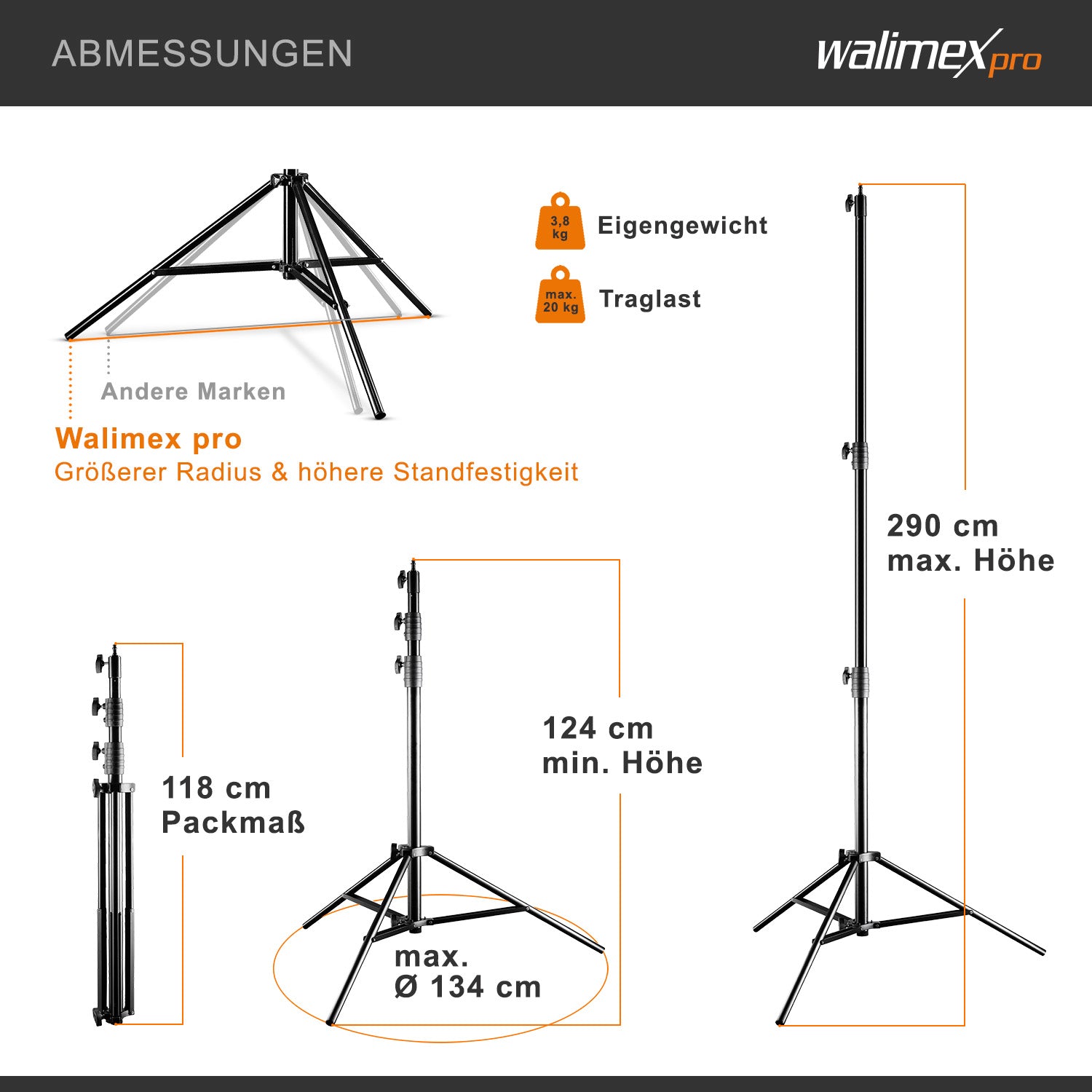 AIR Jumbo 290 Stativo per luci max 20 kg Cavalletto fotografico con altezza fino a 290 cm, in alluminio, Treppiedi con attacco per apparecchiature foto e video