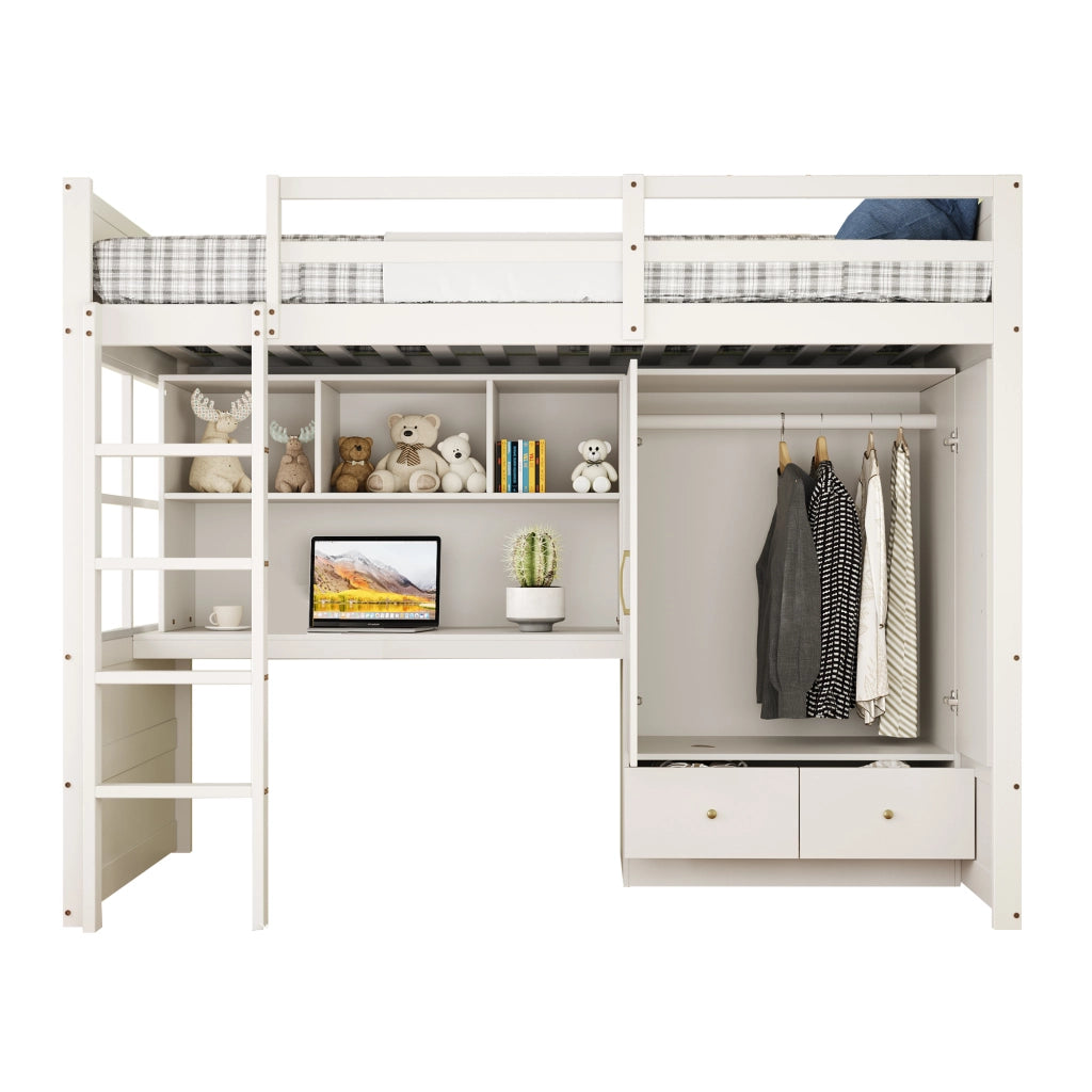 Letto a castello bianco con scrivania contenitore armadio e cassetti in legno 90x200 cm