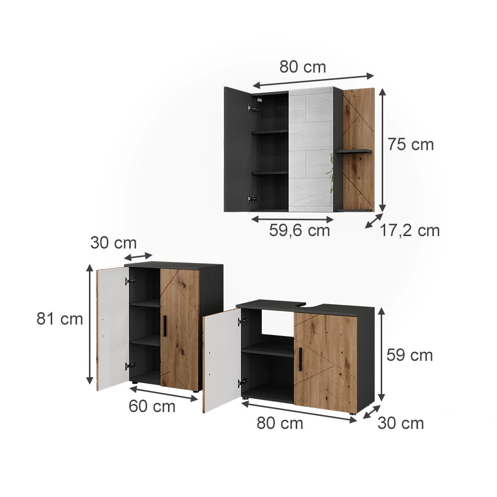 Vicco Set di mobili da bagno Antracite/Artisan 3 parti