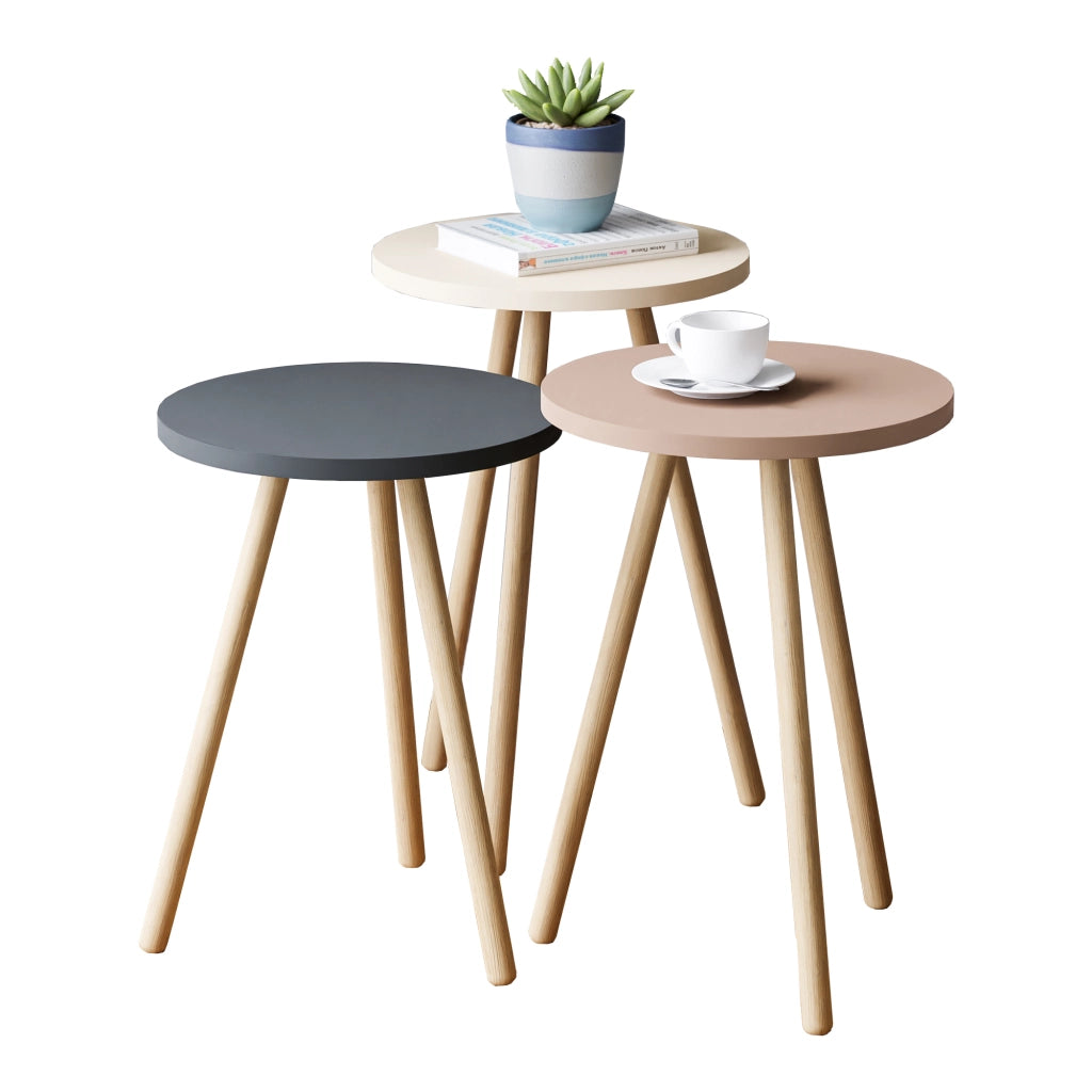 Set di 3 Tavolini Bassi da Salotto 'Hjørring' in Altezze Diverse con Piani Rotondi e Treppiede in Faggio - Grigio/Bianco/Rosa [en.casa]