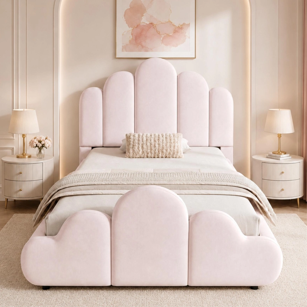 Letto imbottito singolo 90x200 cm in velluto rosa con rete a doghe