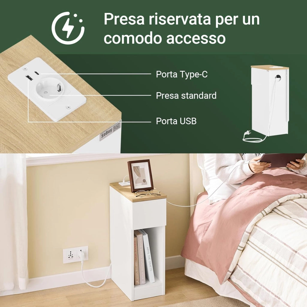 Set da 2 comodini camera da letto stretti con ricarica USB & Type-C, tavolino da letto con incavo battiscopa, mobile salvaspazio per piccoli ambienti, bianco 20x35x60 cm FBT111-E-WNx2