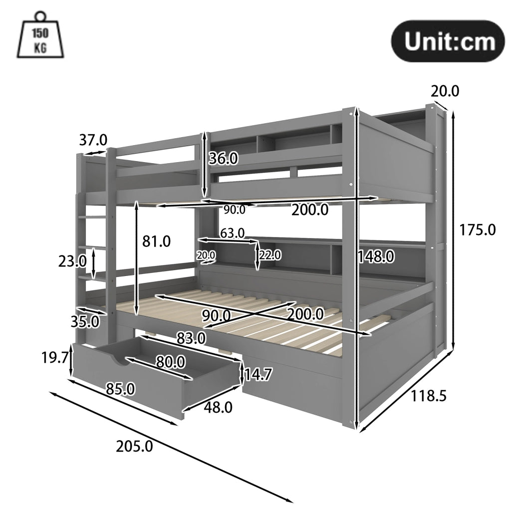 Letto a castello 90x200 cm con cassetto e vani contenitore, grigio