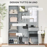 Mobile da Ingresso 4 in 1 con Specchio, Ganci e Ripiani Interni, in Legno, 145x29x184 cm, Grigio e Bianco