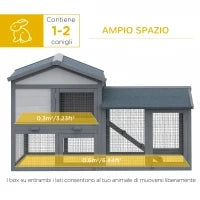 Conigliera Gabbia per Conigli in Legno da Esterno con Casetta, Spazio Aperto Recintato e Tetto 147x54x84cm