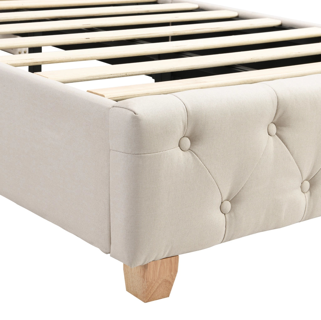 Letto imbottito 90x200 cm; testiera trapuntata e piedi rinforzati; lino beige (Senza materasso)