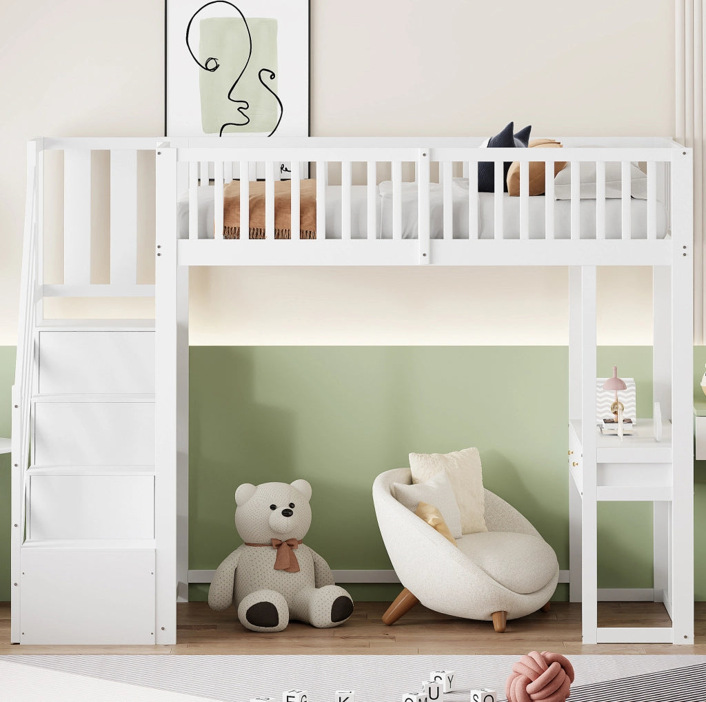 Letto a soppalco 90x200 cm bianco con scrivania multifunzione e scala contenitore