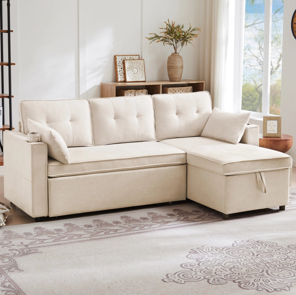 DIVANO LETTO Angolare 211x130x86 cm Beige in Cotone e Lino con Contenitore