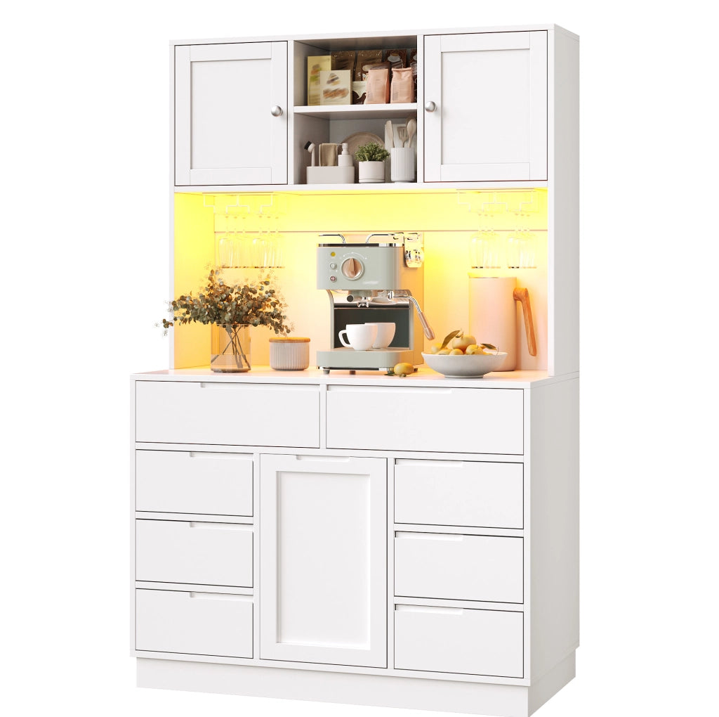 Hochschrank cucina 120x40x183.5 cm con illuminazione LED; 8 cassetti e chiusura magnetica in MDF bianco