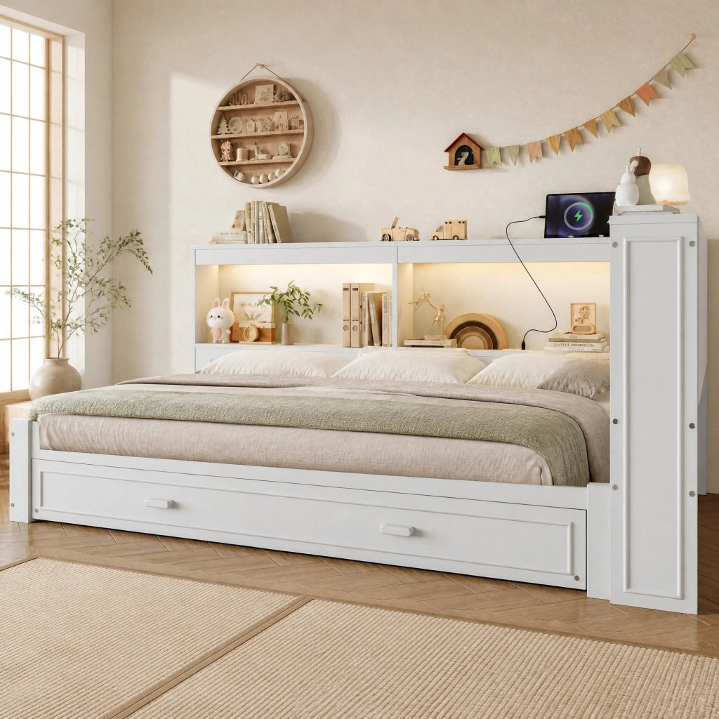 Divano letto estraibile 90x200 cm con LED, USB e presa, bianco