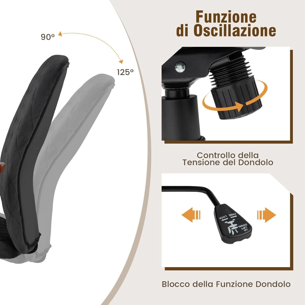 Sedia Girevole in Velluto, Sedia da Ufficio con Altezza Regolabile e Schienale, con Braccioli in Gomma e Ruote in Rame, Carico Massimo 150 kg (Nero)