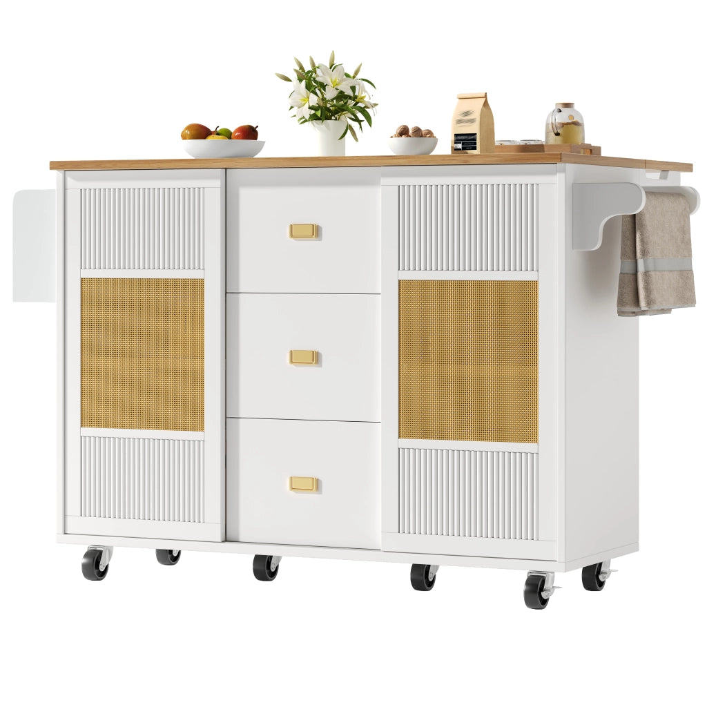 Isola da cucina mobile con piano ribaltabile, 146,85x70x90 cm, bianca, MDF e metallo