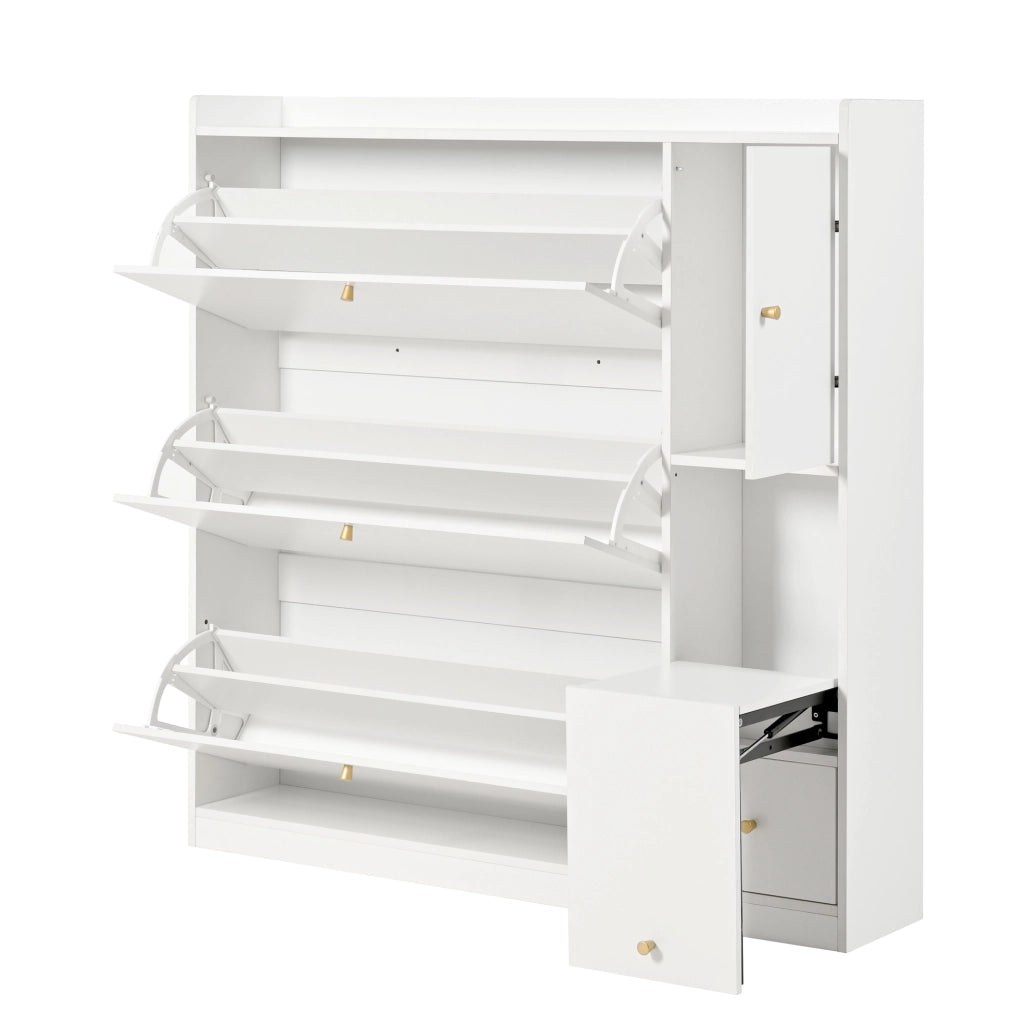 Scarpiera 119x24x122 cm con 3 cassetti a ribalta e panca richiudibile; pannello truciolare bianco