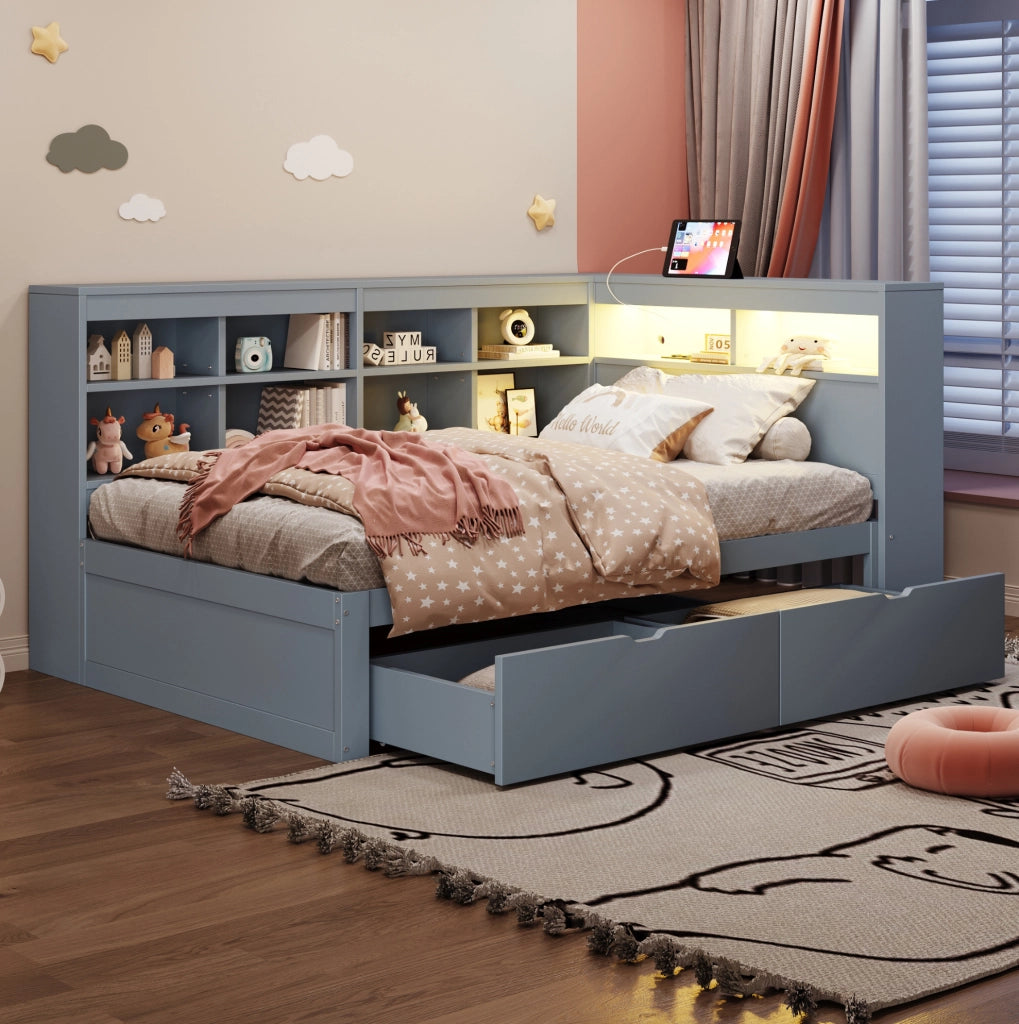 Letto 90x200 cm con contenitori; USB e LED in legno grigio