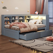 Letto 90x200 cm con contenitori; USB e LED in legno grigio