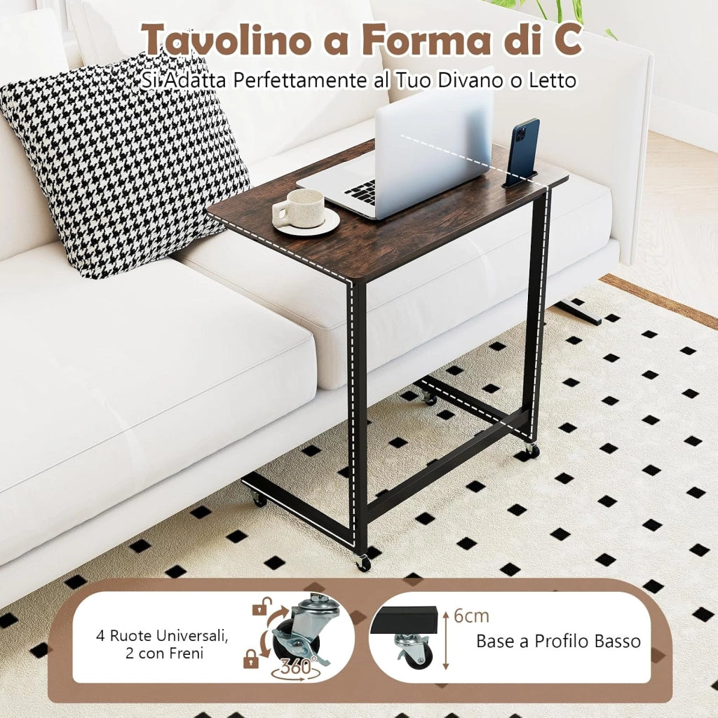 Tavolino da Divano e Letto con 4 Ruote, Tavolino a Forma di C con 2 Ruote Bloccabili e Supporto Integrato per Telefono,Vassoio Salvaspazio e Versatile per Salotto e Camera da Letto