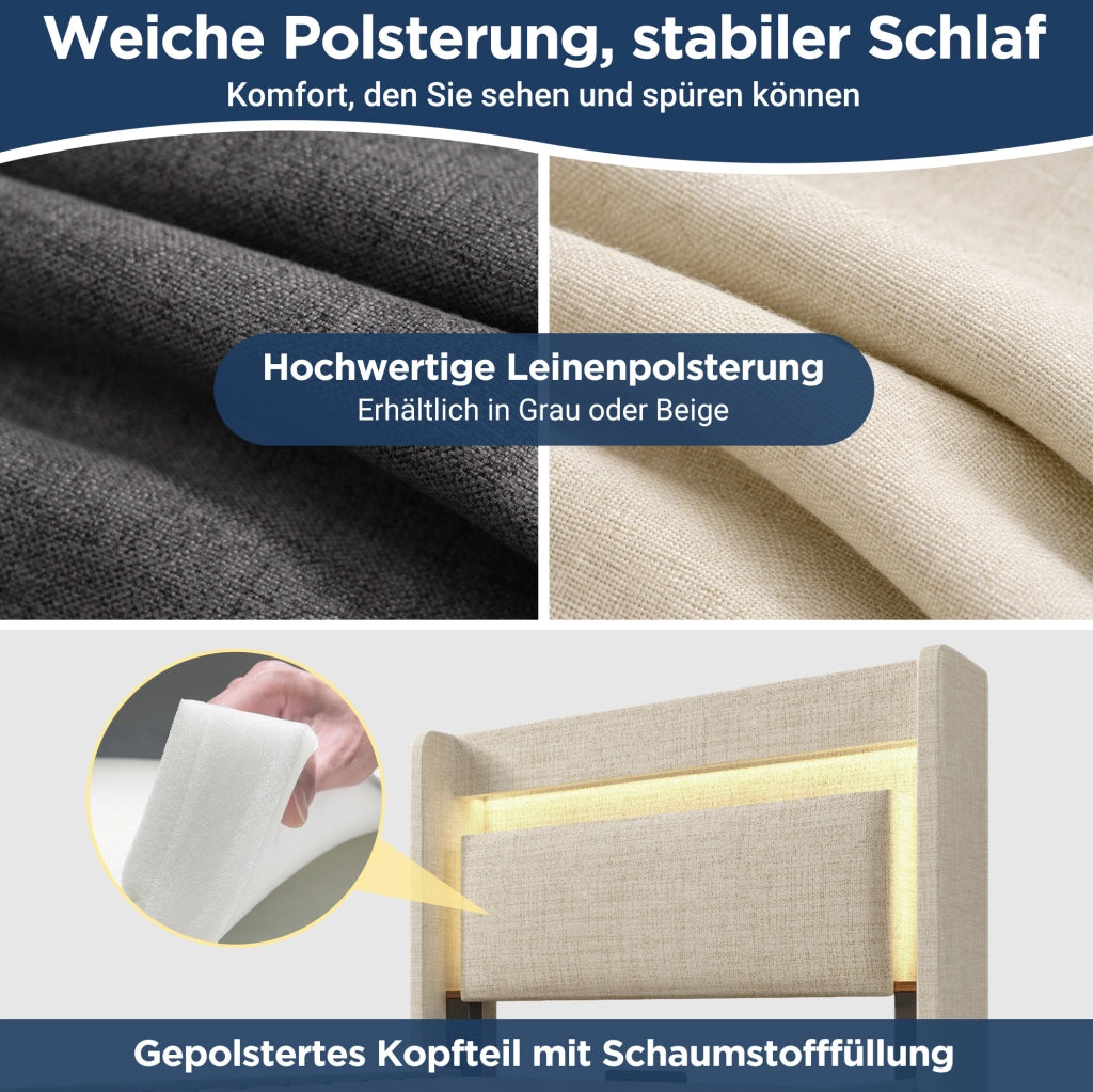 Letto imbottito beige con contenitore, testiera attrezzata e LED