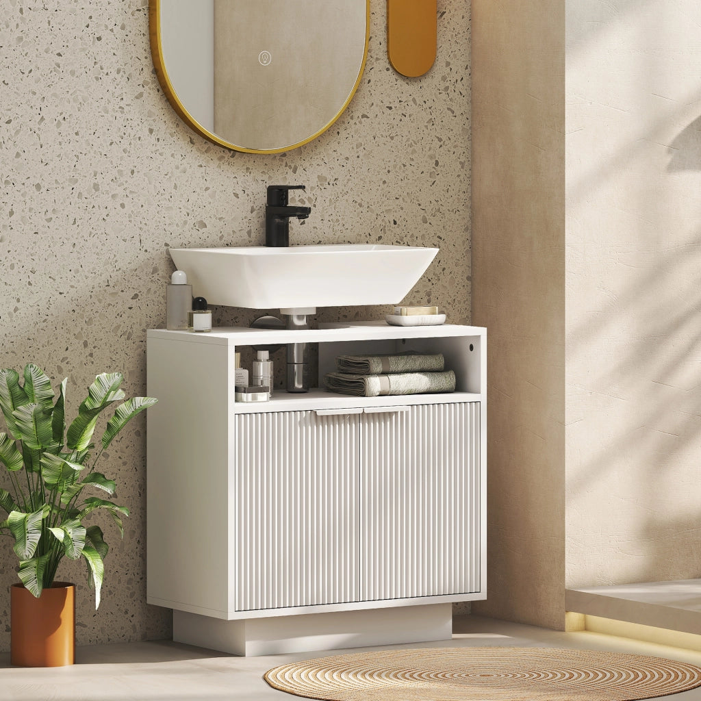 Mobile Sotto Lavabo Bagno con Ripiano Interno Regolabile e Ripiano Aperto. in Legno. 60x33x63 cm. Bianco