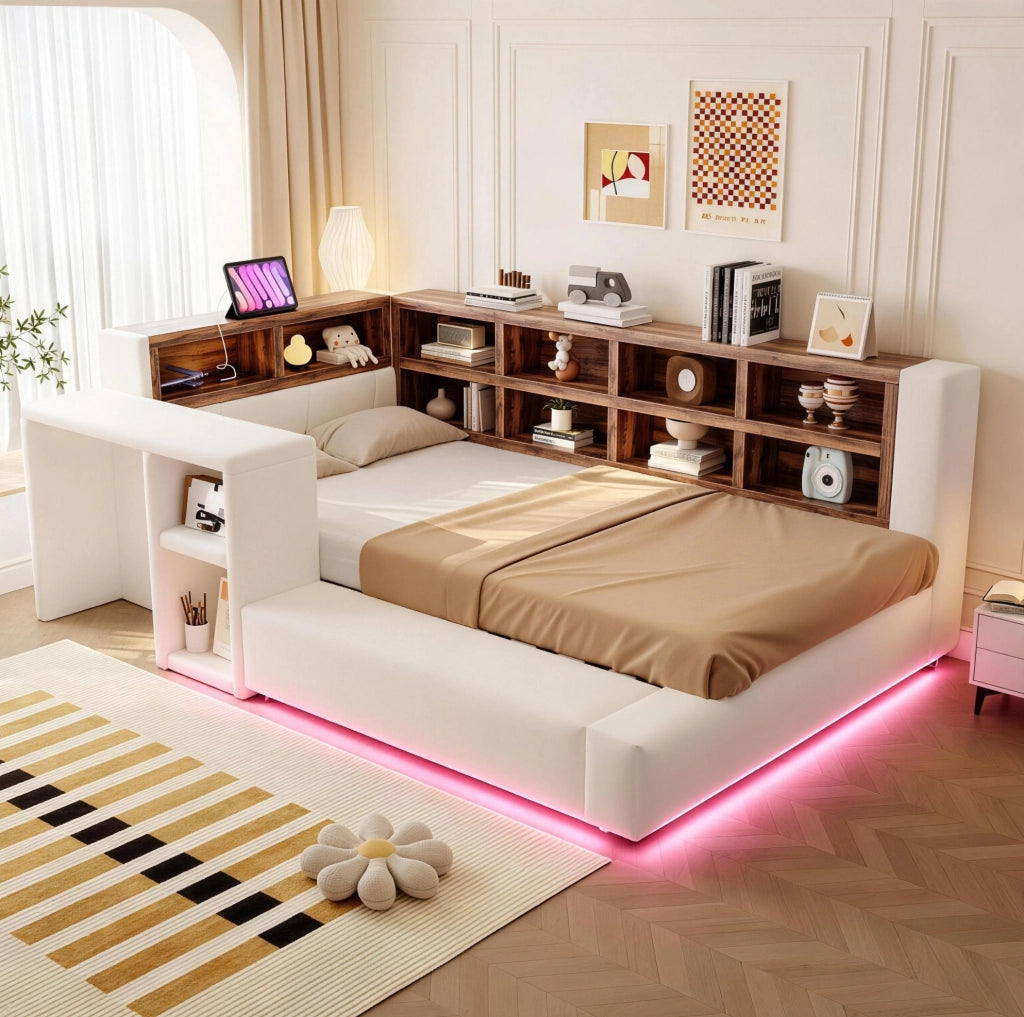Letto imbottito 90x200 cm con contenitore; LED; prese integrate e comodino laterale; beige