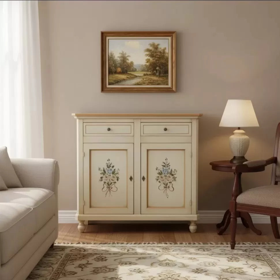 Madia credenza 2 porte avorio patinato shabby con decori 104x43x98 - Mobili 2G
