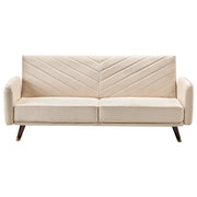 Divano Letto Tessuto Velluto Beige Soggiorno Retrò 3 Posti Gambe In Legno Bracci Pista