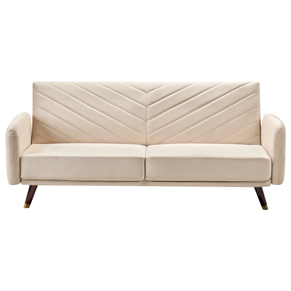 Divano Letto Tessuto Velluto Beige Soggiorno Retrò 3 Posti Gambe In Legno Bracci Pista