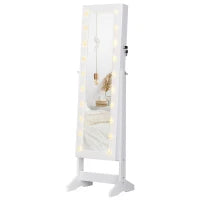 Armadio Portagioielli Portagioie Specchio Regolabile 20 Luci LED, Legno, Bianco, 40x37x146 cm