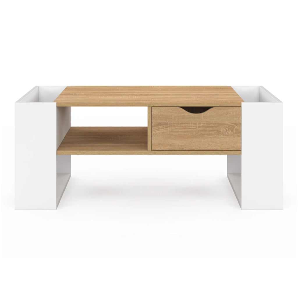 IDMarket - Tavolino rettangolare BERYL con cassetto in legno bianco e effetto faggio