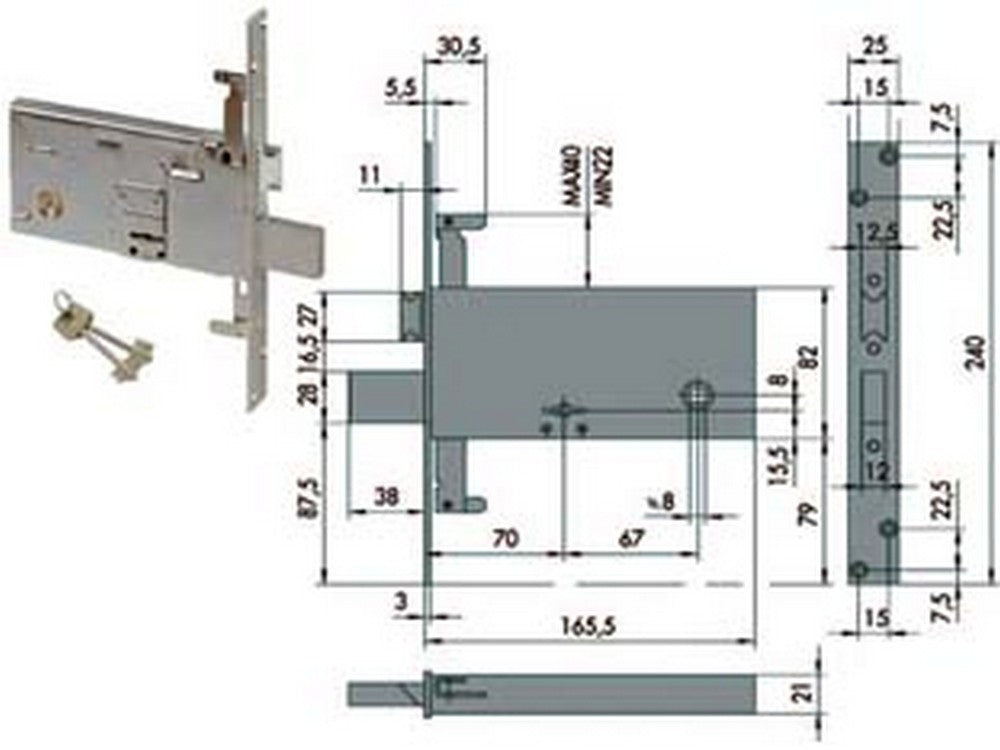 serratura triplice da infilare per fasce doppia mappa mm.82 h 57318 - mm.70 (57318730) cod:ferx.fer64545