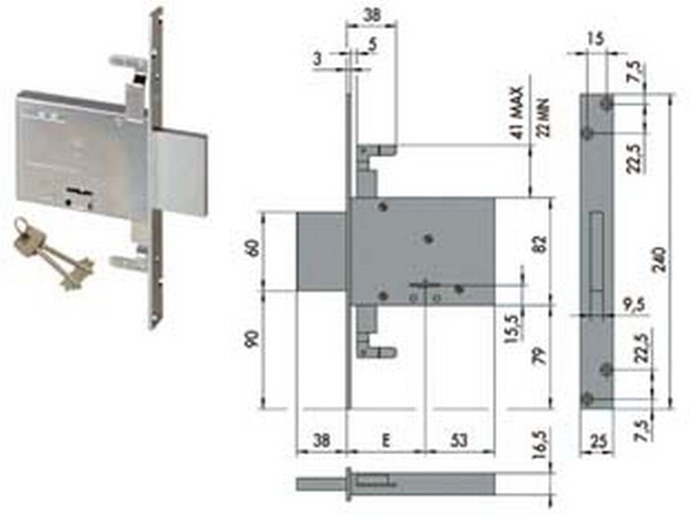 serratura triplice da infilare doppia mappa 57016 - ka mm.60 c/1 ch. cif. unica sr. 12 pz (57016620) cod:ferx.fer200998
