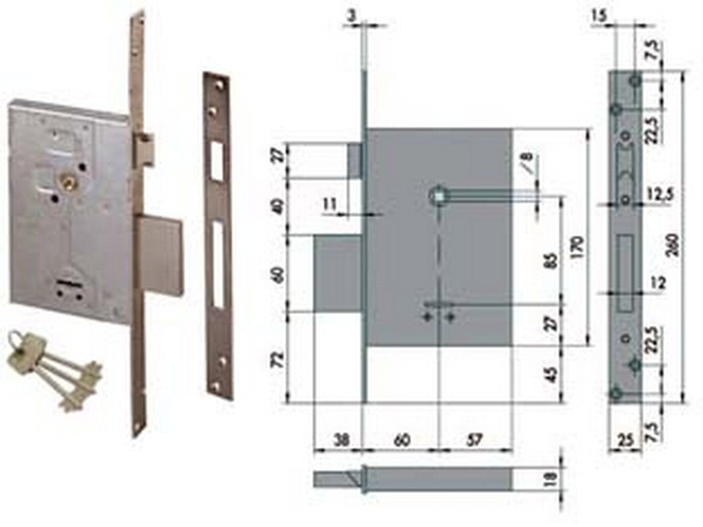 serratura da infilare doppia mappa con scrocco 57250 - mm.60 (57250600) cod:ferx.fer64521