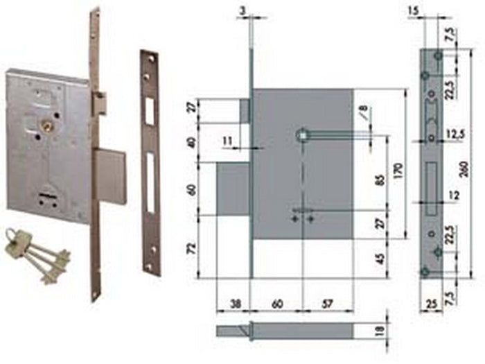 serratura da infilare doppia mappa con scrocco 57250 - mm.60 (57250600) cod:ferx.fer64521
