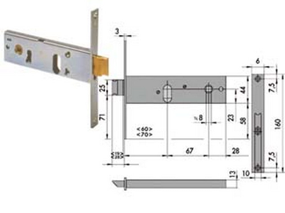 serratura da infilare per fasce catenaccio e scrocco mm.44 h 44150 - mm.60 1 mandata (44150600) cod:ferx.fer65467