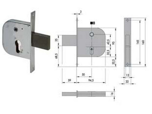 serratura infilare cancelli quadro catenaccio scrocco 42312 mm50 cod:ferx.fer65443