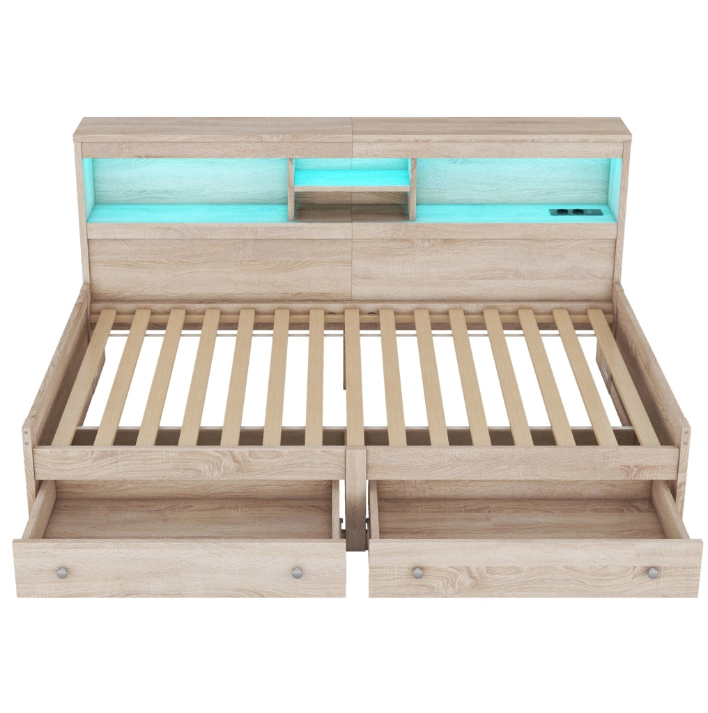 Letto 90x200 cm con LED; USB; prese e cassetti in truciolato e MDF