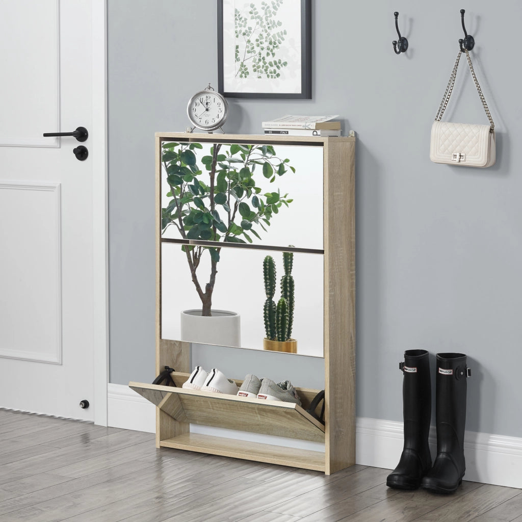 Scarpiera Stretta Lund con Ante a Specchio e 3 Contenitori Ribaltabili - Effetto Rovere Sonoma [en.casa]