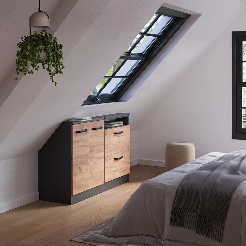 Mobile cucina sottotetto R-Line Rovere dorato/Antracite 120 cm Set di 2 Vicco