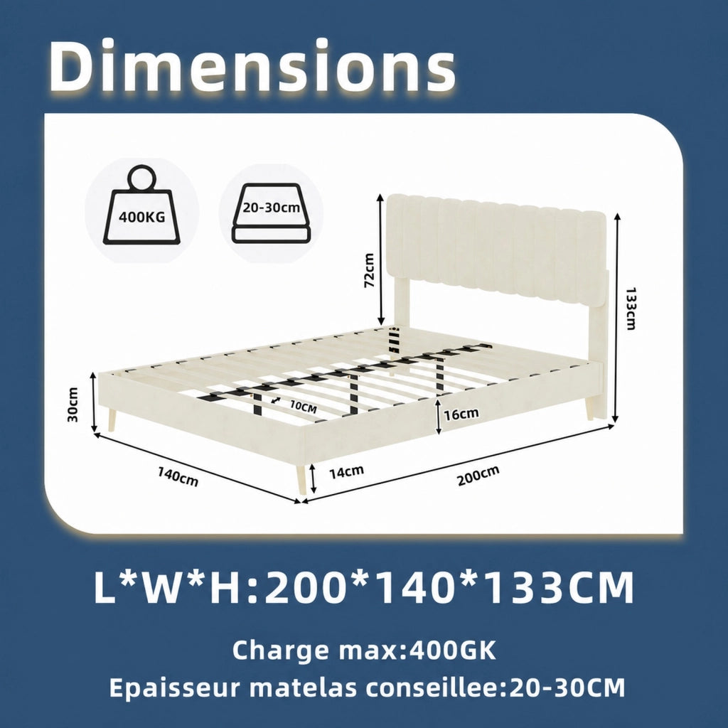 DESMIU Letto 140 × 200 cm 2 posti in velluto, testiera imbottita, senza materasso, beige