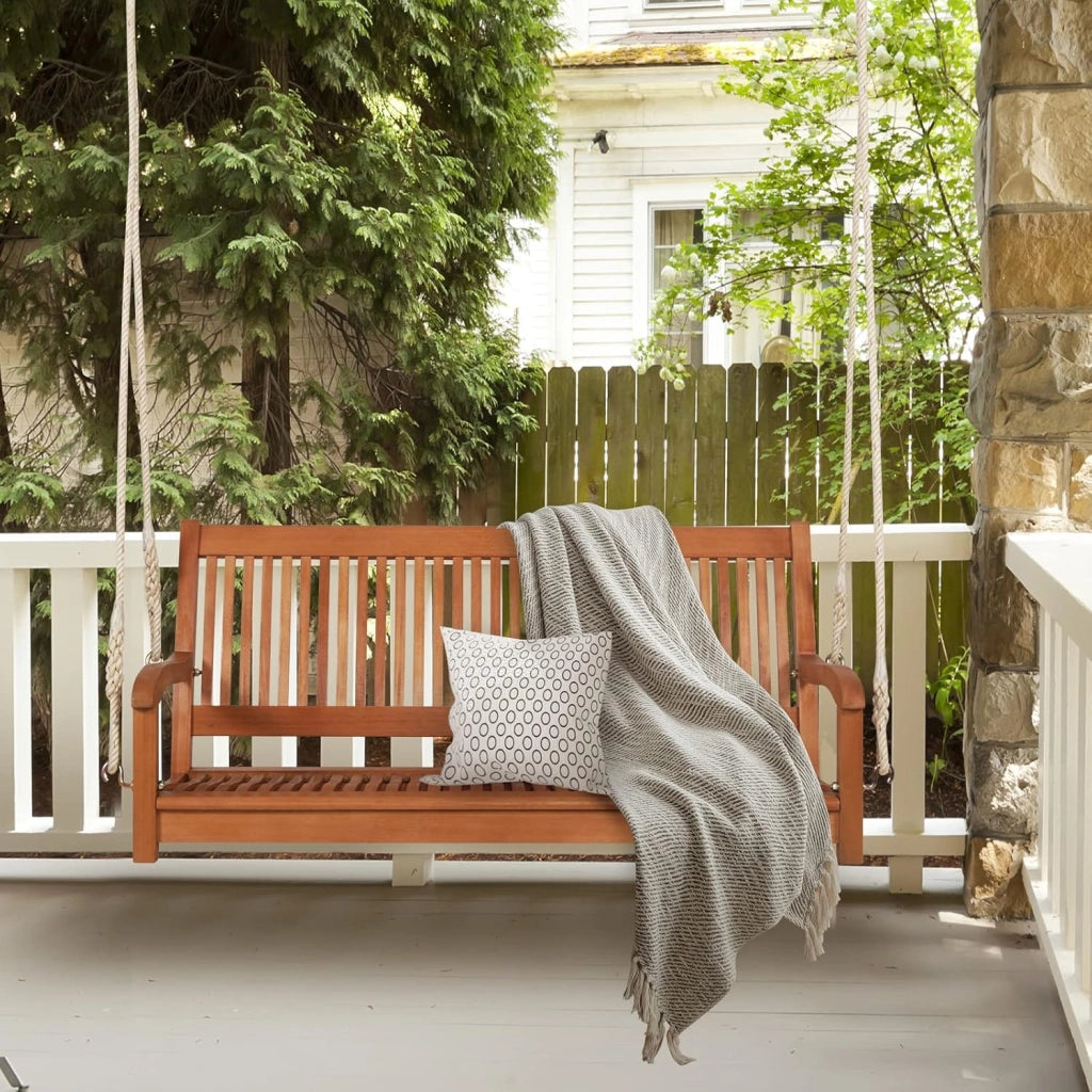 Dondolo Sospeso da Esterno con 2 Posti, Panca Altalena in Legno di Eucalipto con 2 Corde, Carico Massimo 360 kg, Ideale per Portico, Cortile e Balcone, 126 x 62 x 60 cm